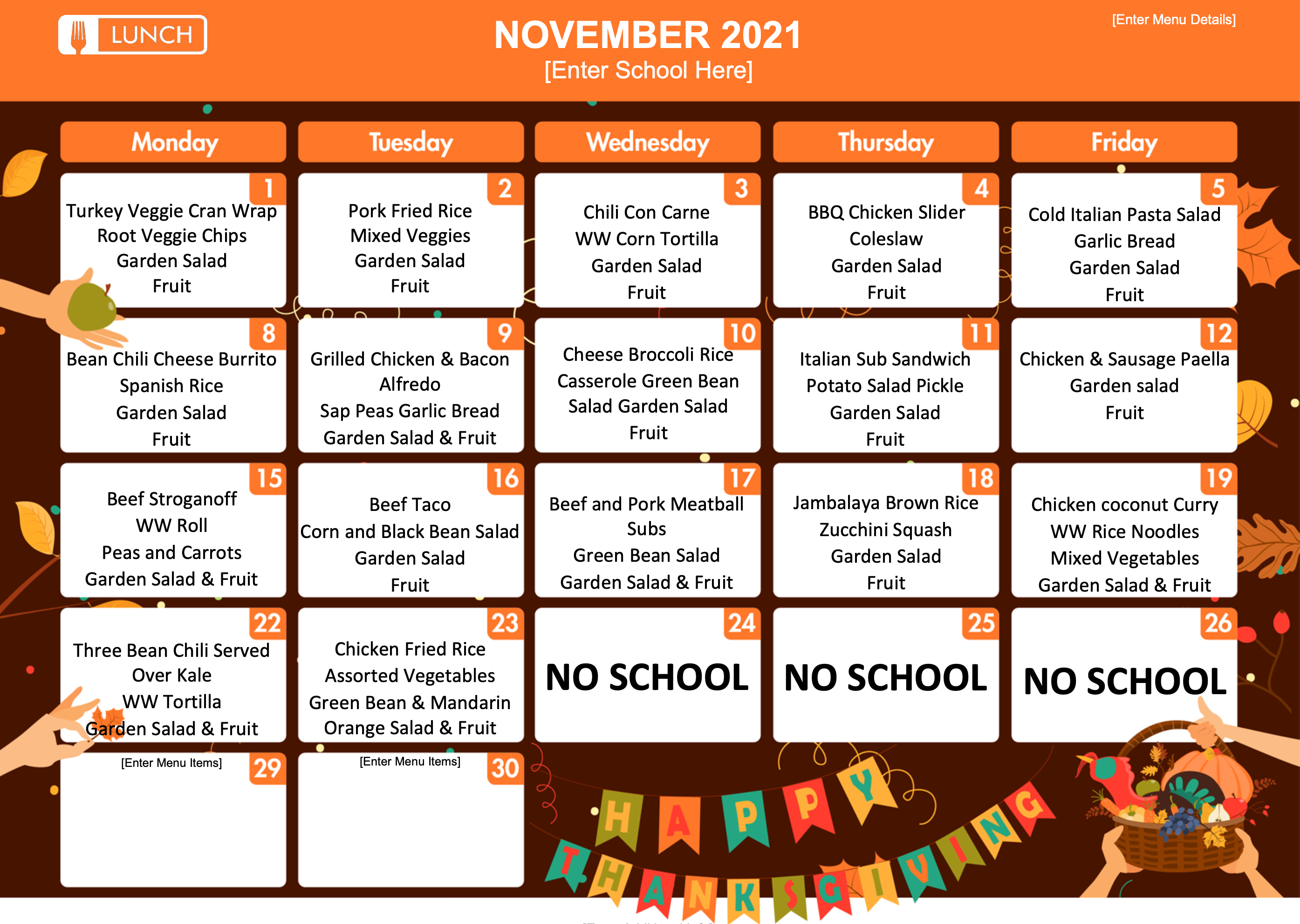 November Lunch Menu Lunch Order Form Aftercare Sign Up Sheet